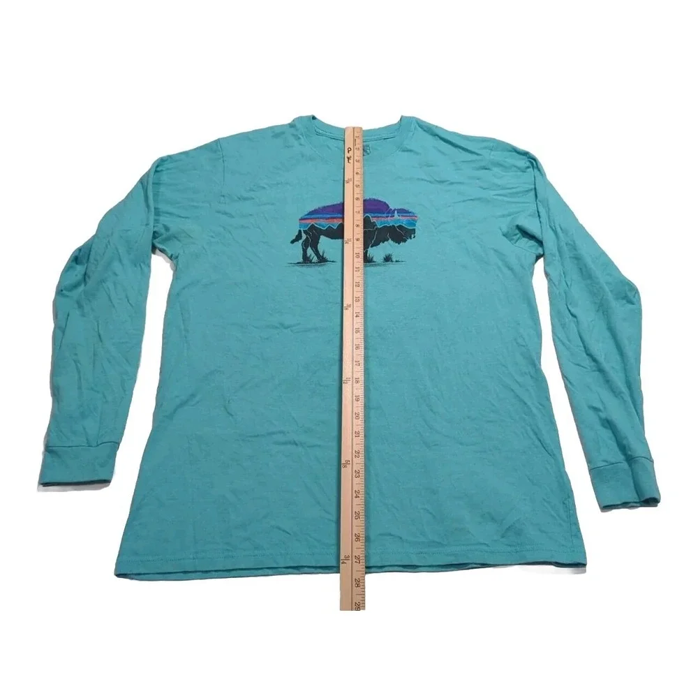 Patagonia Fitz Roy Bison Buffalo Graphic Long Sleeve Shirt Men's Large Teal - Picture 5 of 7